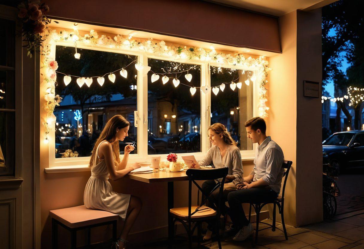 A romantic scene depicting a couple sitting together at a charming café, surrounded by heart-shaped decorations and soft candlelight. They are engaged in a heartfelt conversation, with handwritten letters and a scrapbook of memories on the table. The background features blooming flowers and twinkling fairy lights for a dreamy atmosphere. pastel colors. warm and inviting. soft focus.