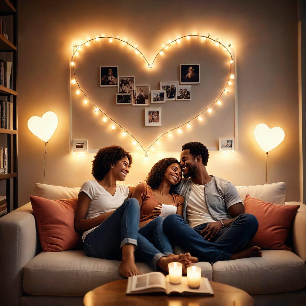 A loving couple sitting on a cozy couch, surrounded by soft heart-shaped pillows and warm lighting. They are engaged in deep conversation, smiling and holding hands, symbolizing connection and intimacy. In the background, there are framed photos of happy moments together and a small bookshelf filled with relationship advice books. The overall atmosphere evokes warmth, love, and affection. super-realistic. warm tones. soft focus.