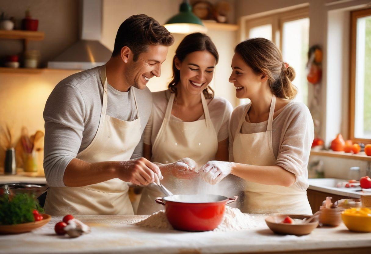 A heartwarming scene featuring a couple engaged in a cozy cooking session, surrounded by fresh ingredients, laughter, and warm light. Include playful elements like flour on their faces and colorful kitchen utensils, symbolizing teamwork and love. The ambiance should feel intimate and inviting, with soft bokeh lighting in the background to evoke a feeling of romance. warm colors. soft focus. super-realistic.